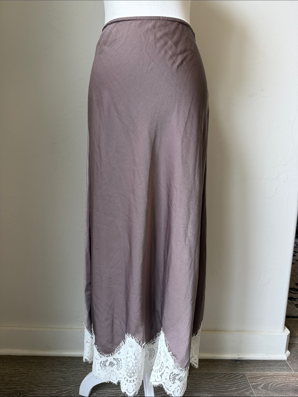 KEEN THE LABEL Satin Maxi Slip Skirt with White Lace Trim